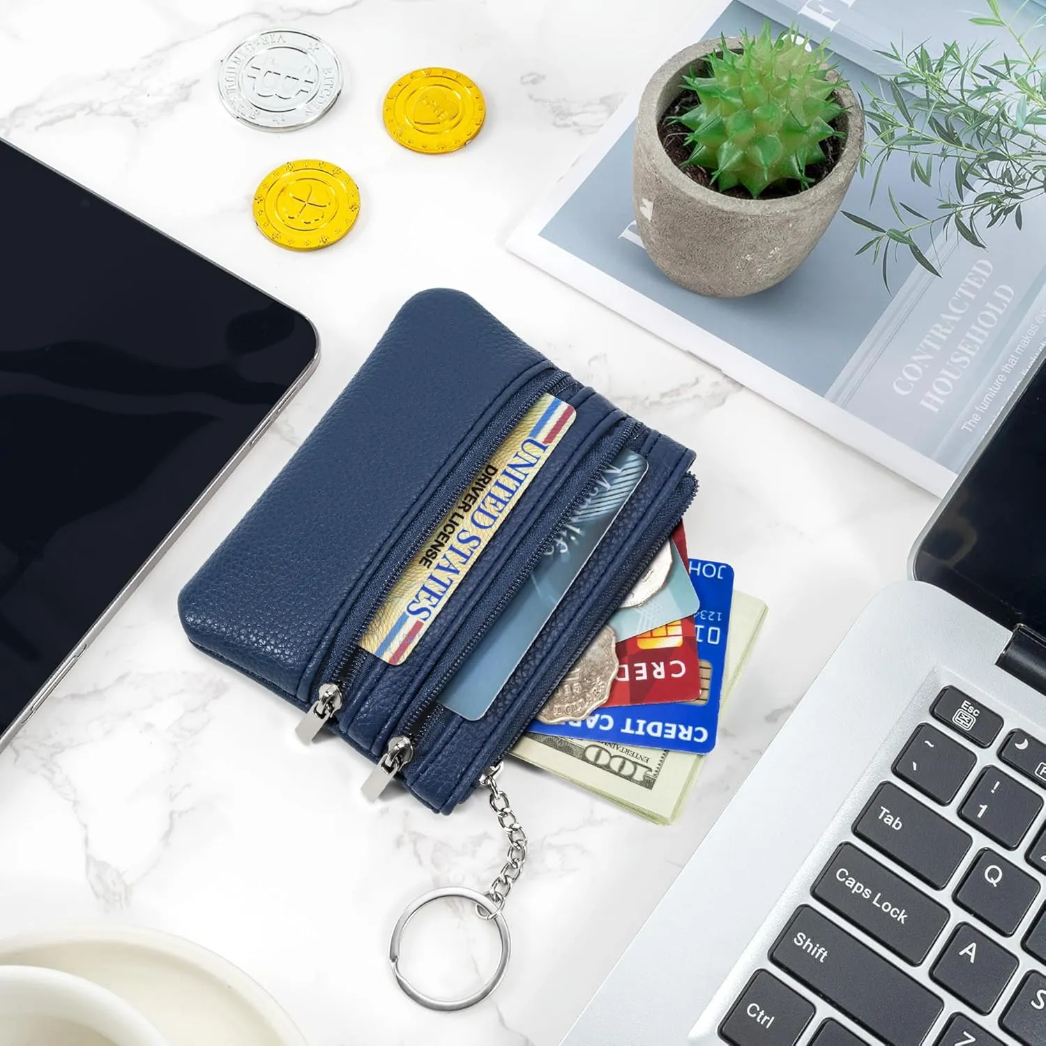 Chelmon 2 Pack Coin Purse Pouch Change Card Holder Wallet with Keychain for Women and Men (Blue & Blue)