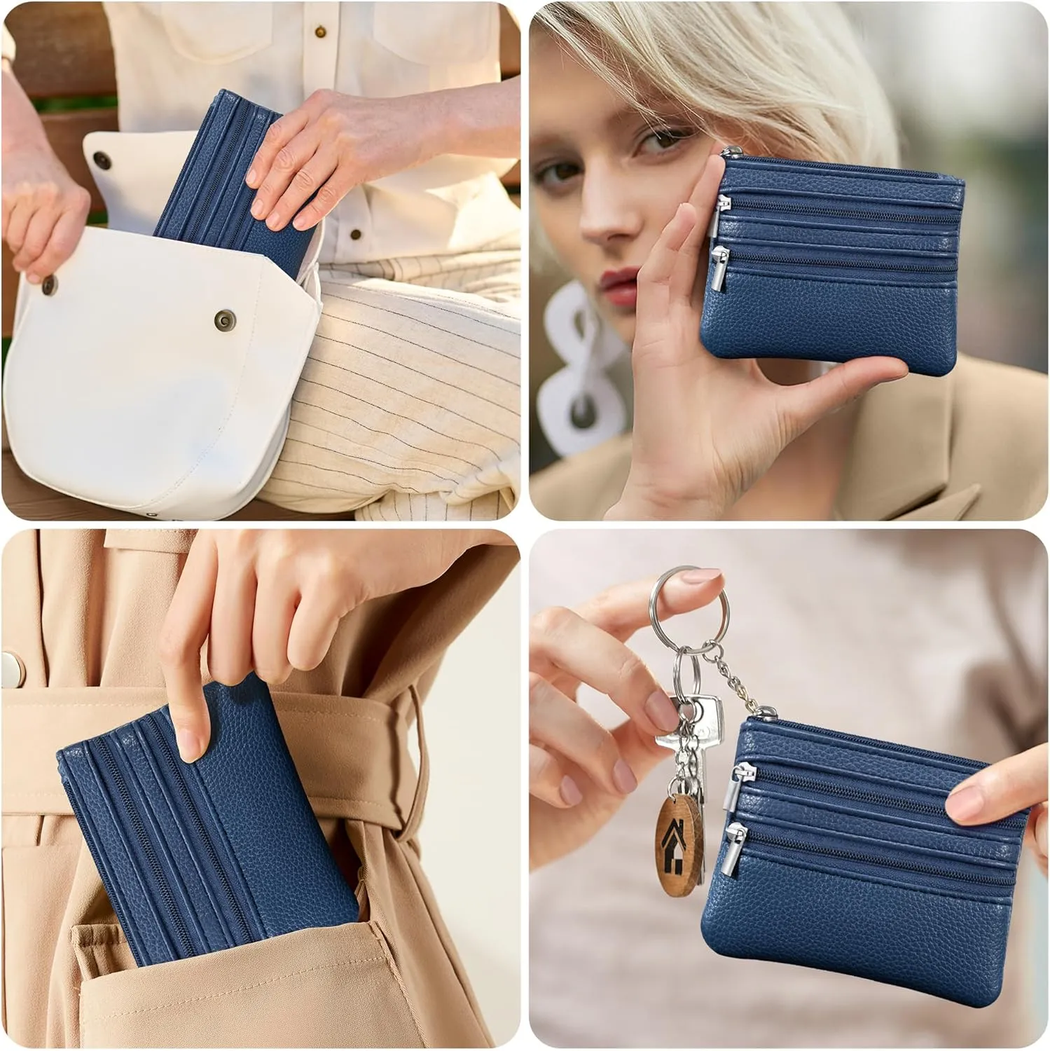 Chelmon 2 Pack Coin Purse Pouch Change Card Holder Wallet with Keychain for Women and Men (Blue & Blue)