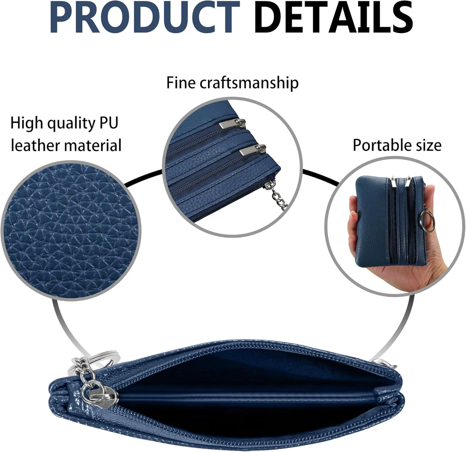 Chelmon 2 Pack Coin Purse Pouch Change Card Holder Wallet with Keychain for Women and Men (Blue & Blue)