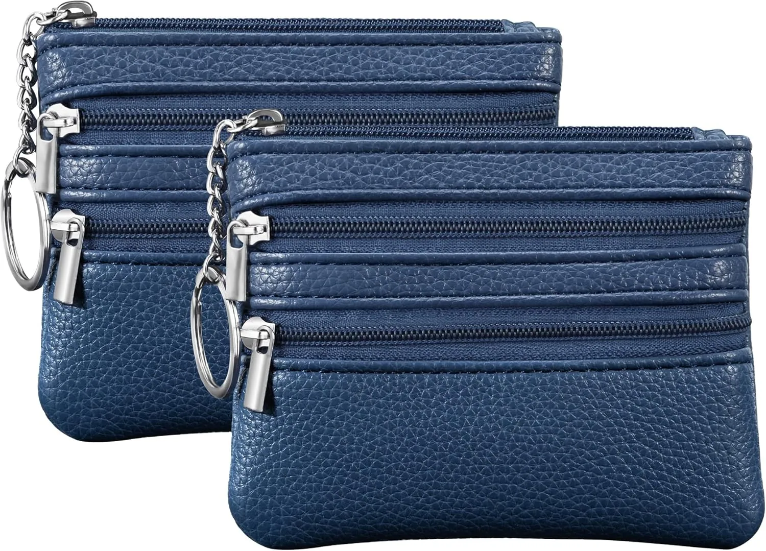 Chelmon 2 Pack Coin Purse Pouch Change Card Holder Wallet with Keychain for Women and Men (Blue & Blue)
