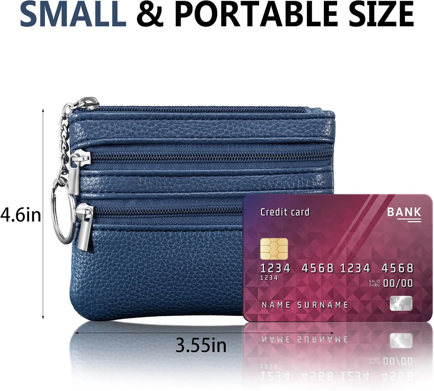 Chelmon 2 Pack Coin Purse Pouch Change Card Holder Wallet with Keychain for Women and Men (Blue & Blue)