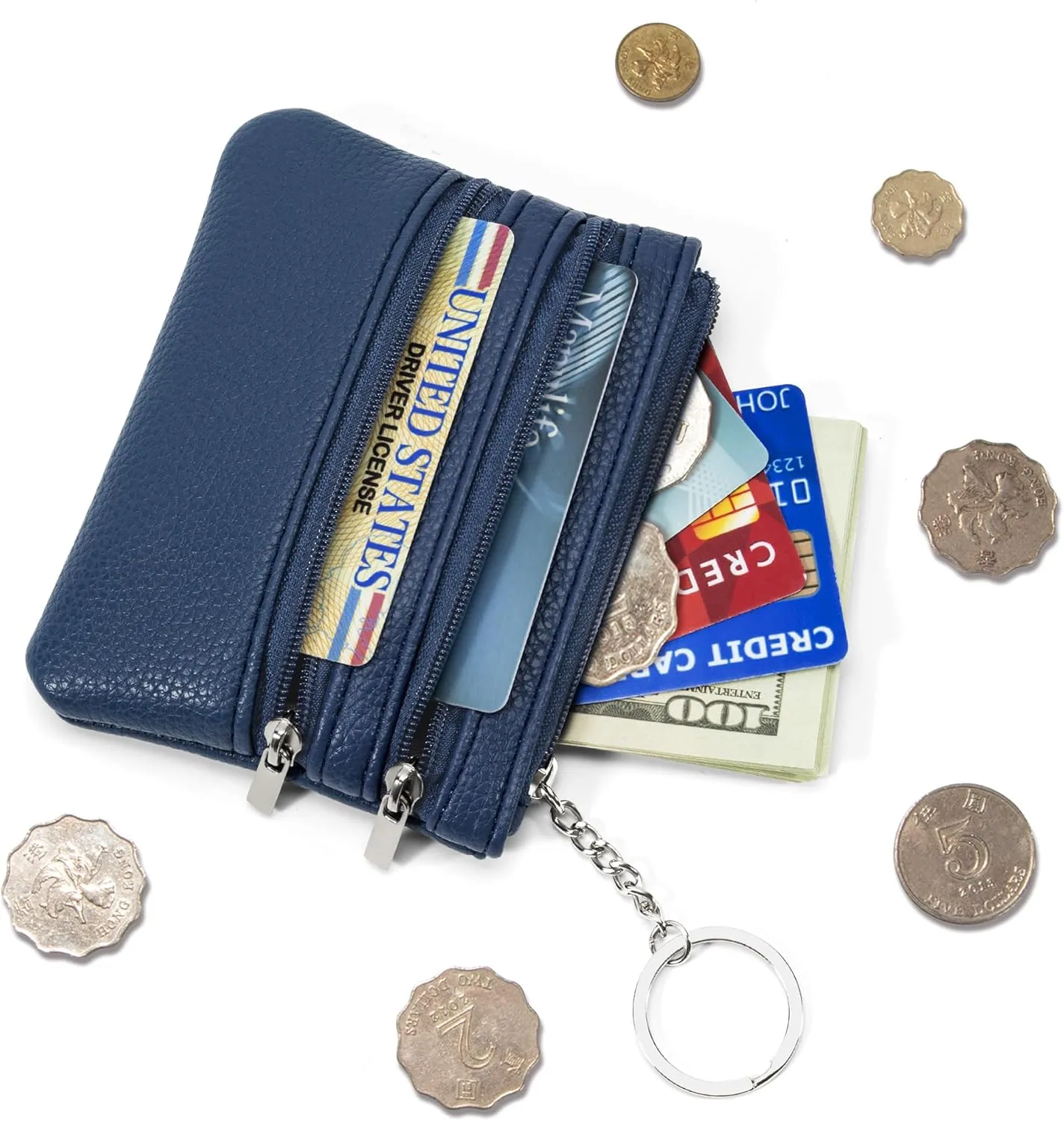 Chelmon 2 Pack Coin Purse Pouch Change Card Holder Wallet with Keychain for Women and Men (Blue & Blue)