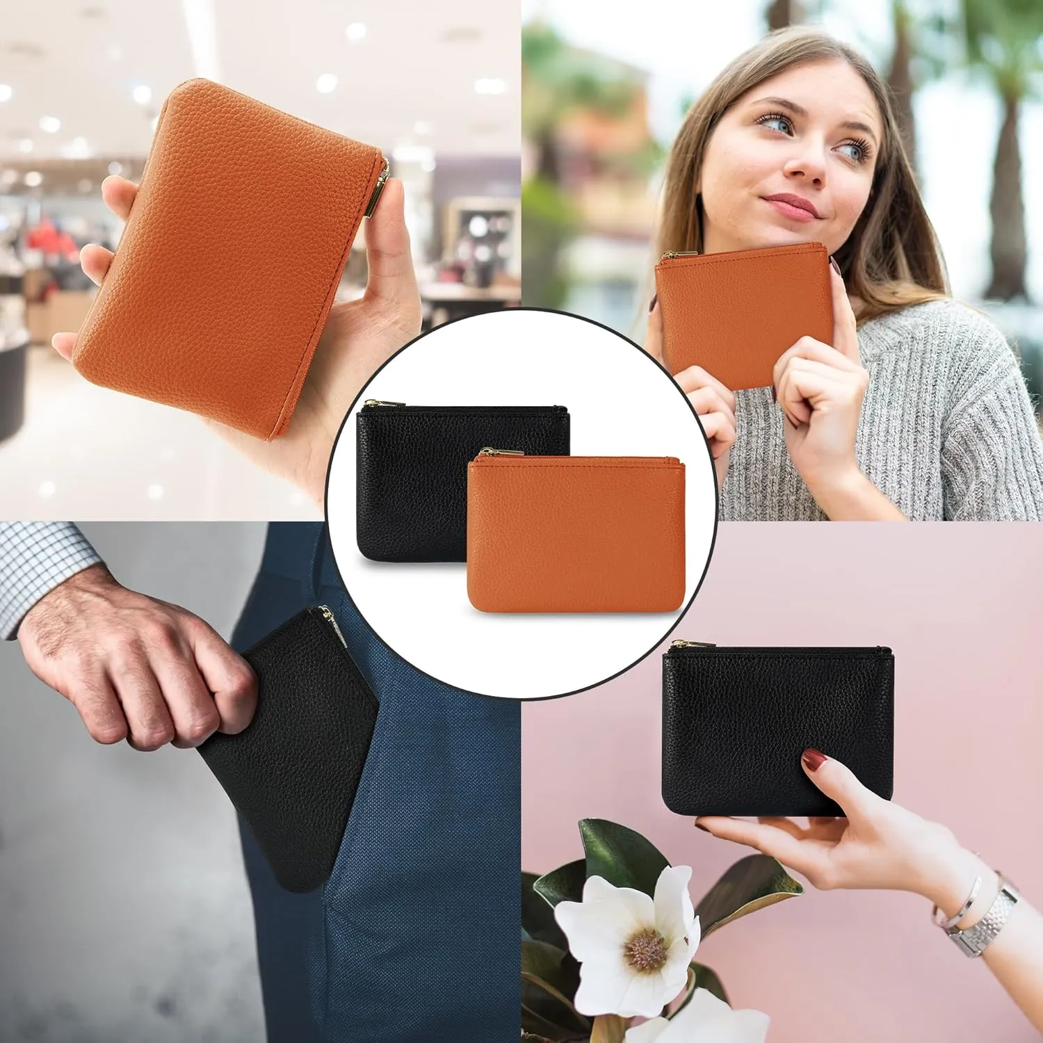 Chelmon PU Leather Coin Purse Pouch Change Holder Small With Zipper for Men Women 2 PCS Set (Black&Brown)