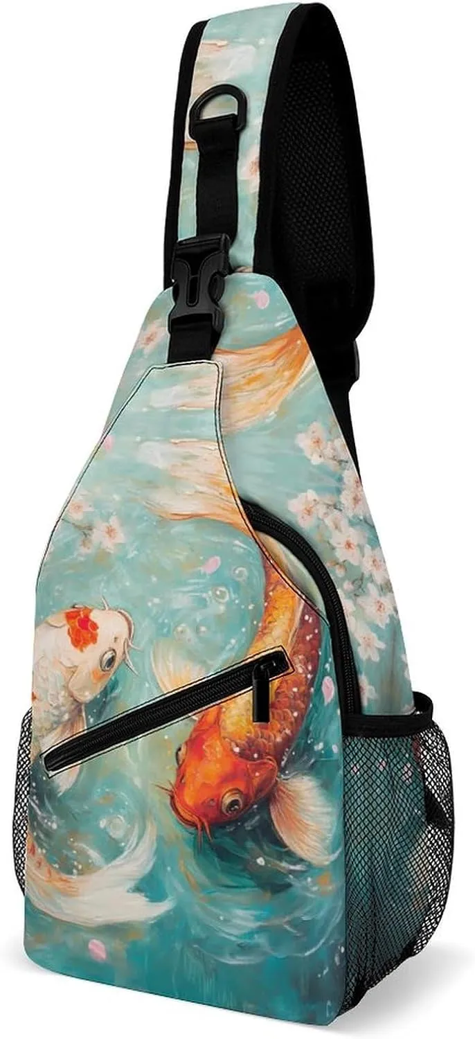 Japanese Fish Cherry Flowers Chest Bag for Men Backpack Crossbody Sling Bags Travel Daypack for Outdoors Hiking