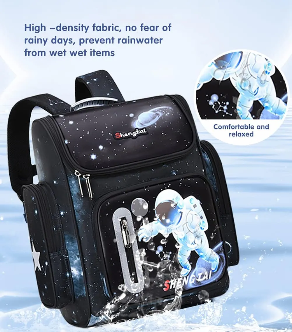 MCWTH Astronaut School Backpack for Boys Large Capacity Waterproof Light Weight Schoolbag Bookbag for Kids Primary School Student (Black)