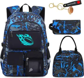 School Backpack for Boys - 4pcs American Football Boys Backpack with Lunch Box Set for Kids Teens Elementary Middle High School - 18" Large Capacity School Bookbag with Multiple Pockets