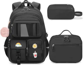 School Backpack for Girls - 5pcs Cute Girls Backpack with Lunch Box for Teens Kids Elementary Middle School - 17″ Students Bookbag Travel Back Pack for Age 6-18