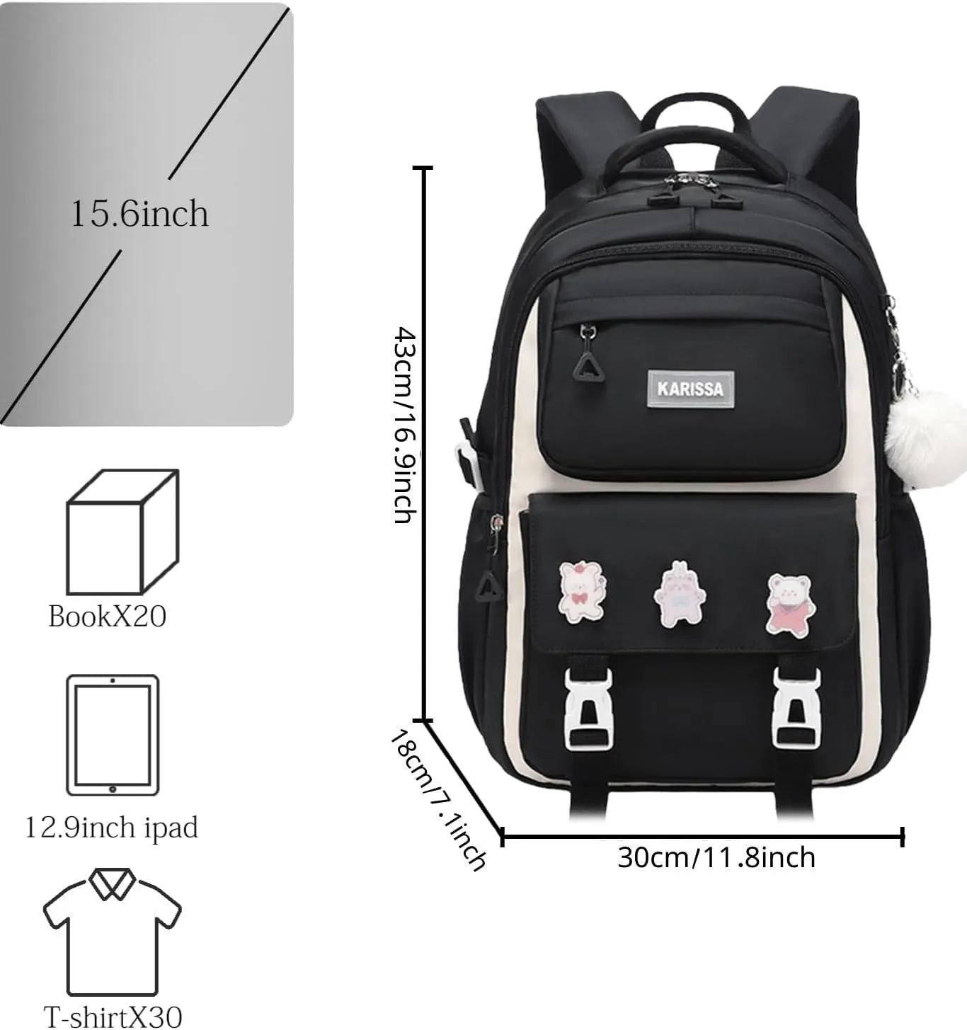 School Backpacks for Girls, Middle Schoolbag Elementary Student Bookbag, Large Casual School Daypacks for Teens Girls (Black)