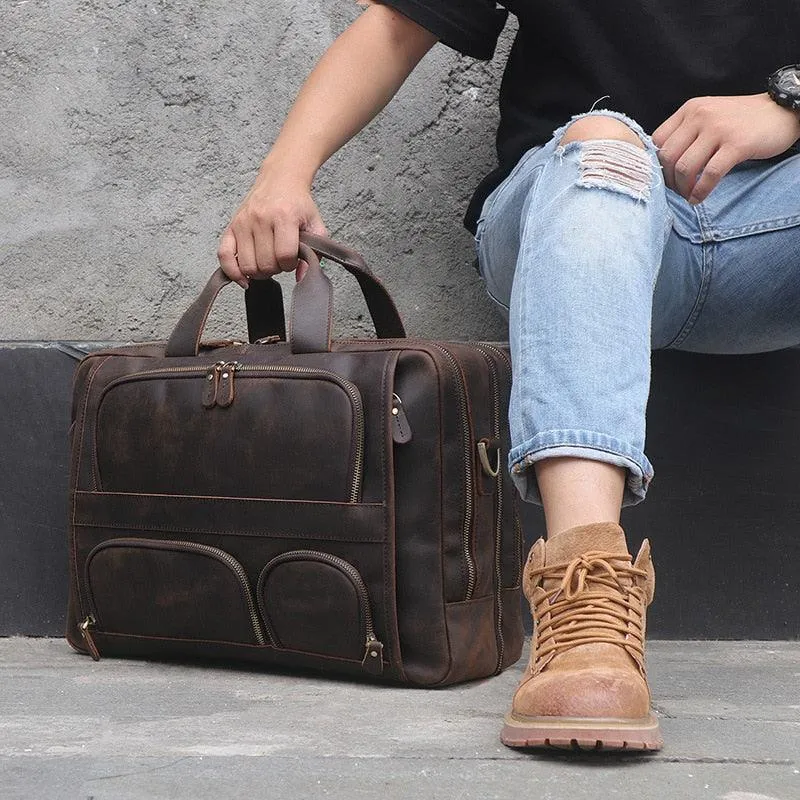 Vintage Crazy Horse Leather Tote Portfolio Handbag