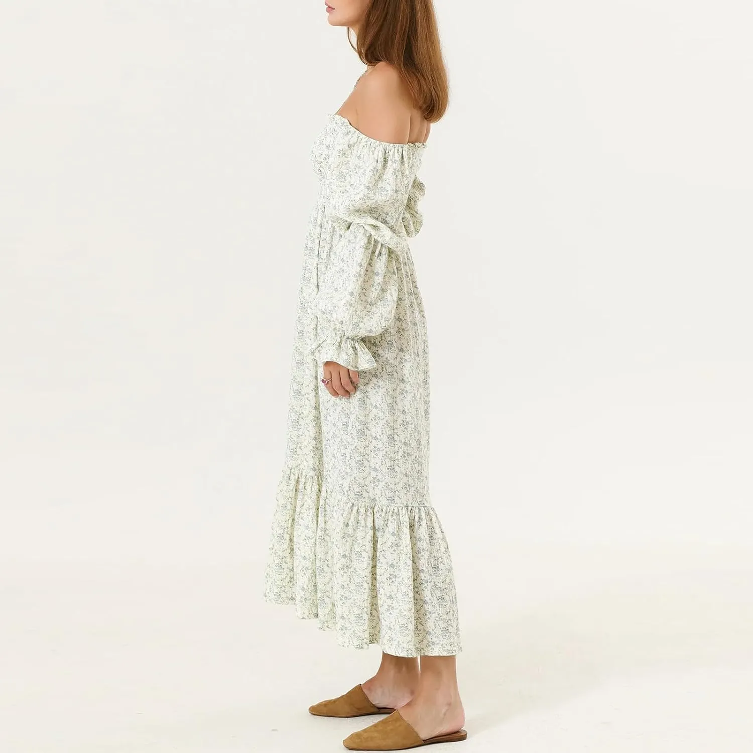 Women's Floral Embroidered Long Dress Square Neck Boho Dress Summer Puff Sleeve Smocked Flowy A Line Sundress