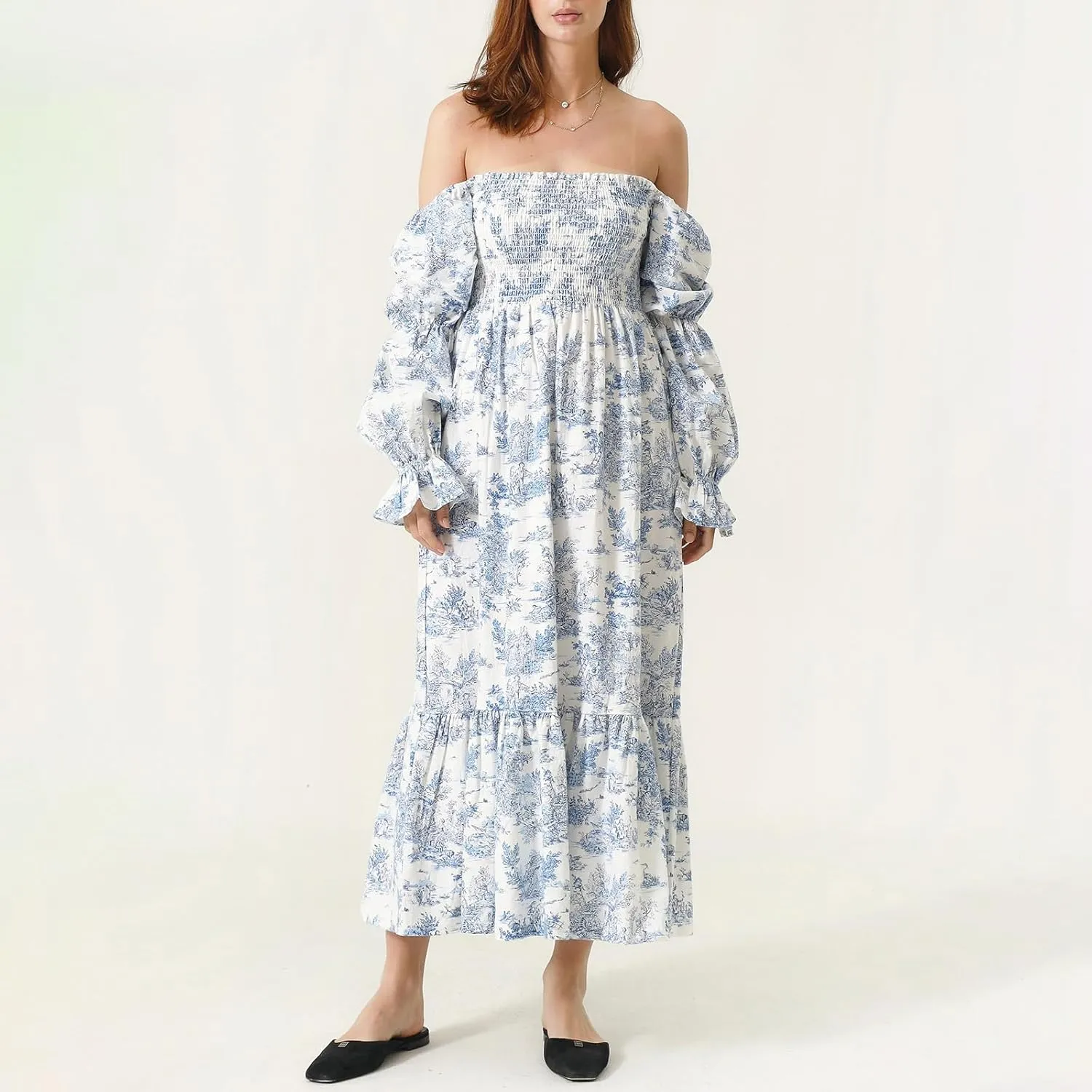 Women's Floral Embroidered Long Dress Square Neck Boho Dress Summer Puff Sleeve Smocked Flowy A Line Sundress