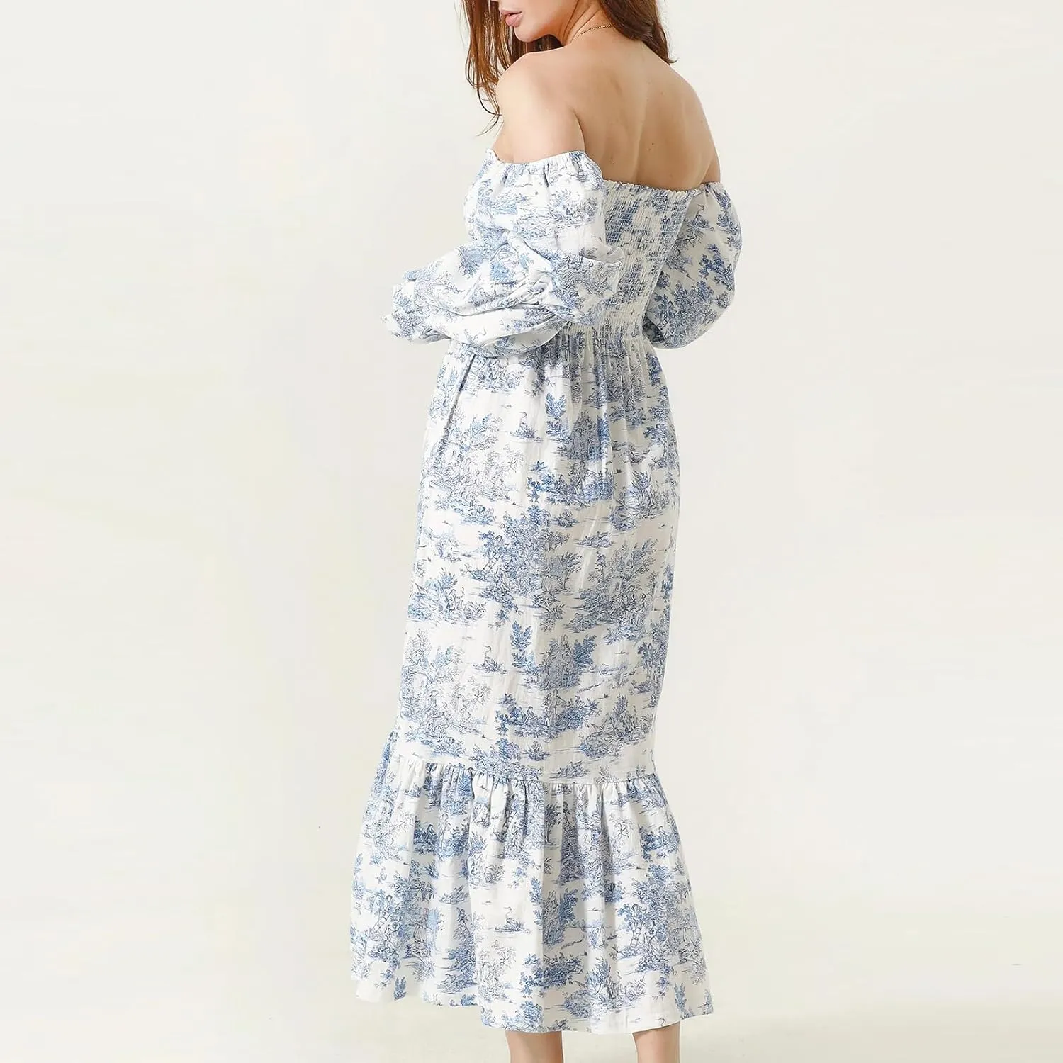 Women's Floral Embroidered Long Dress Square Neck Boho Dress Summer Puff Sleeve Smocked Flowy A Line Sundress