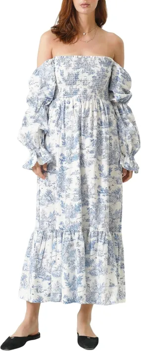 Women's Floral Embroidered Long Dress Square Neck Boho Dress Summer Puff Sleeve Smocked Flowy A Line Sundress