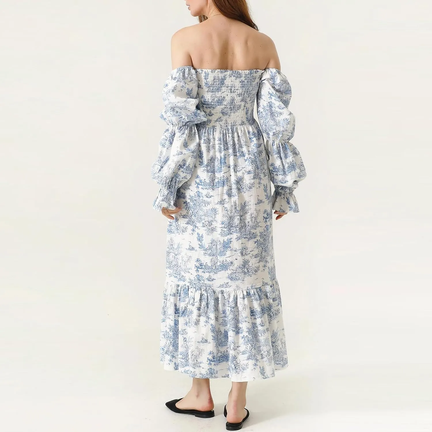 Women's Floral Embroidered Long Dress Square Neck Boho Dress Summer Puff Sleeve Smocked Flowy A Line Sundress