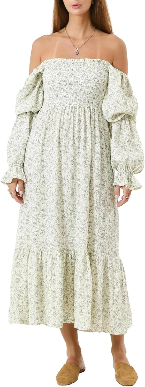 Women's Floral Embroidered Long Dress Square Neck Boho Dress Summer Puff Sleeve Smocked Flowy A Line Sundress