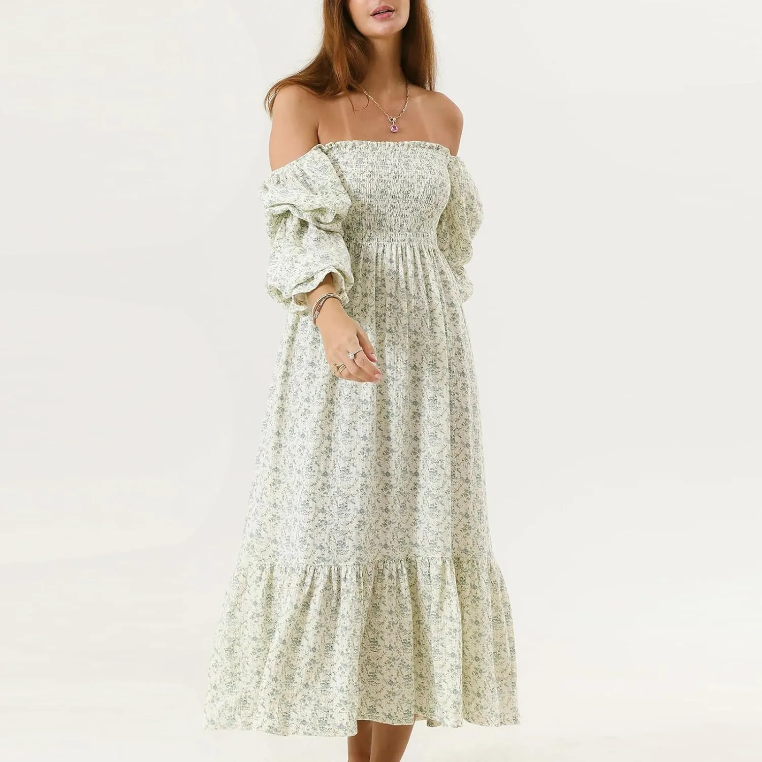 Women's Floral Embroidered Long Dress Square Neck Boho Dress Summer Puff Sleeve Smocked Flowy A Line Sundress