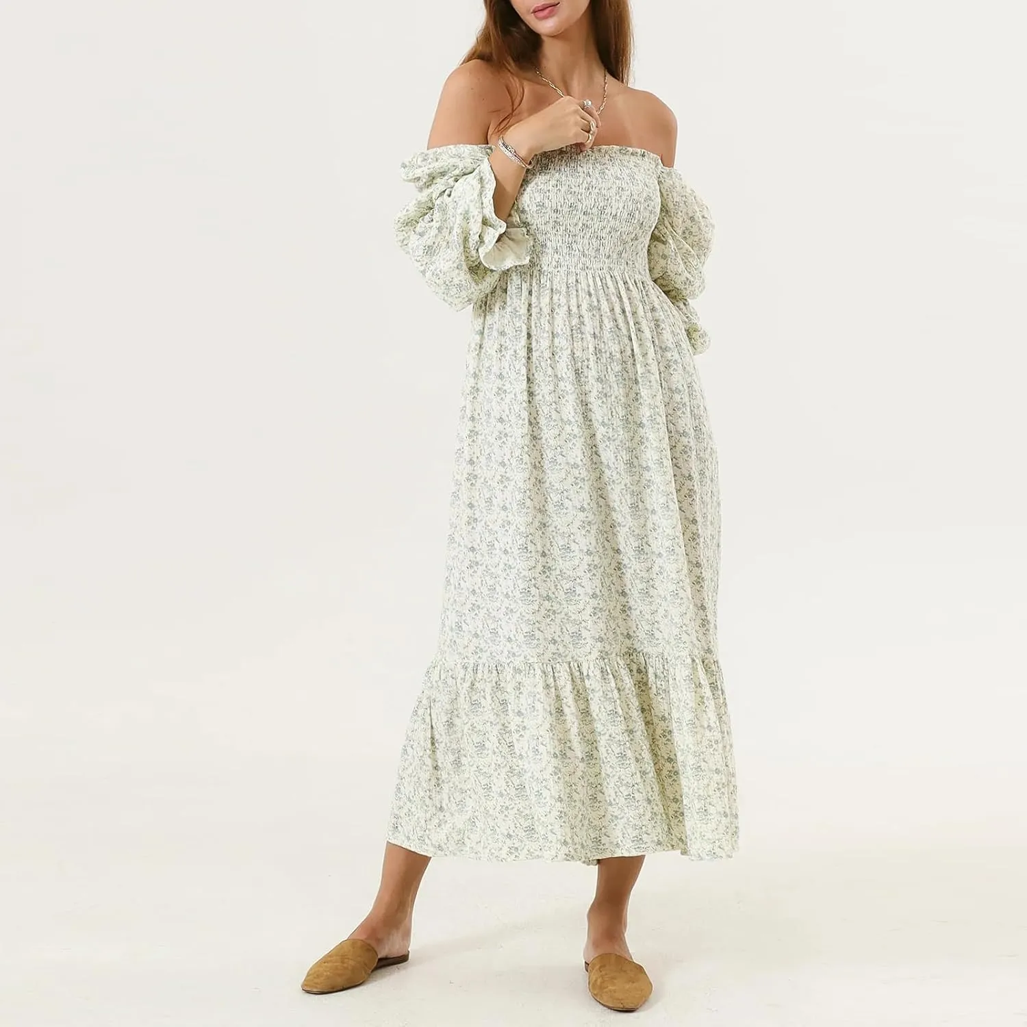 Women's Floral Embroidered Long Dress Square Neck Boho Dress Summer Puff Sleeve Smocked Flowy A Line Sundress
