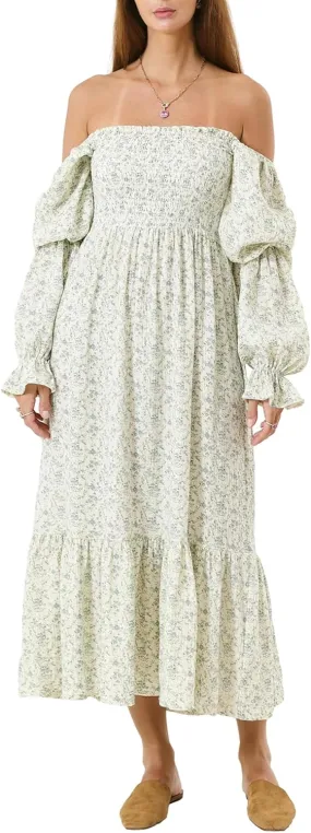 Women's Floral Embroidered Long Dress Square Neck Boho Dress Summer Puff Sleeve Smocked Flowy A Line Sundress
