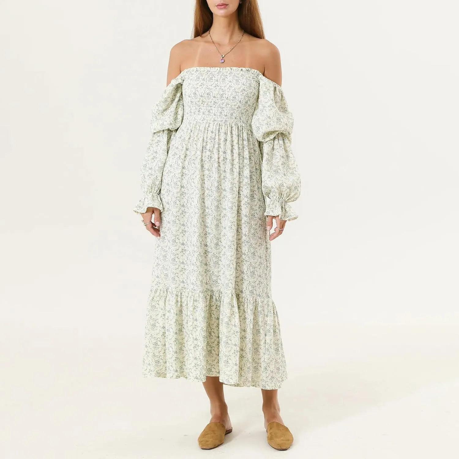 Women's Floral Embroidered Long Dress Square Neck Boho Dress Summer Puff Sleeve Smocked Flowy A Line Sundress