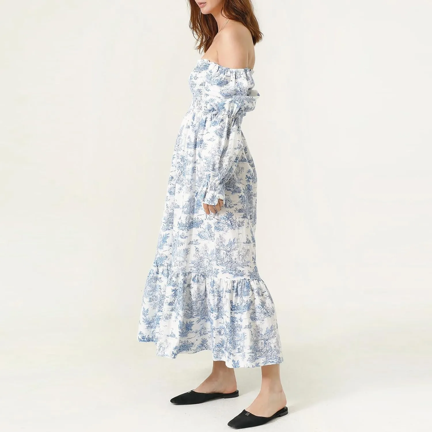Women's Floral Embroidered Long Dress Square Neck Boho Dress Summer Puff Sleeve Smocked Flowy A Line Sundress