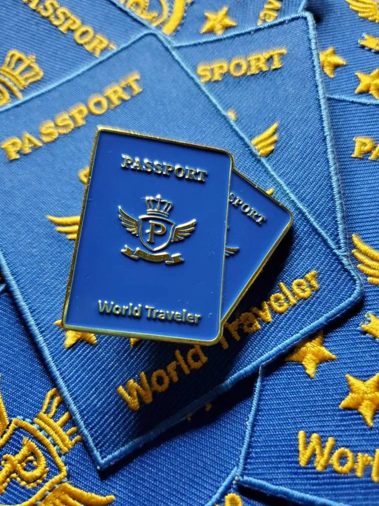 World Traveler Embroidered Patch & Enamel Pin 2-pc Passport Set, Iron on Patch and Lapel Pin, Gift Set for Travelers