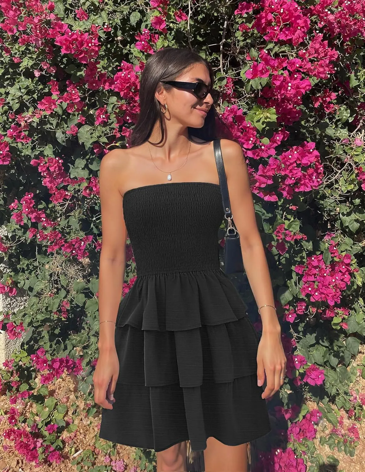 ZESICA Women's Summer Strapless Smocked Tube Dress 2025 Off Shoulder Ruffle Tiered Flowy Beach Boho Mini Sundress